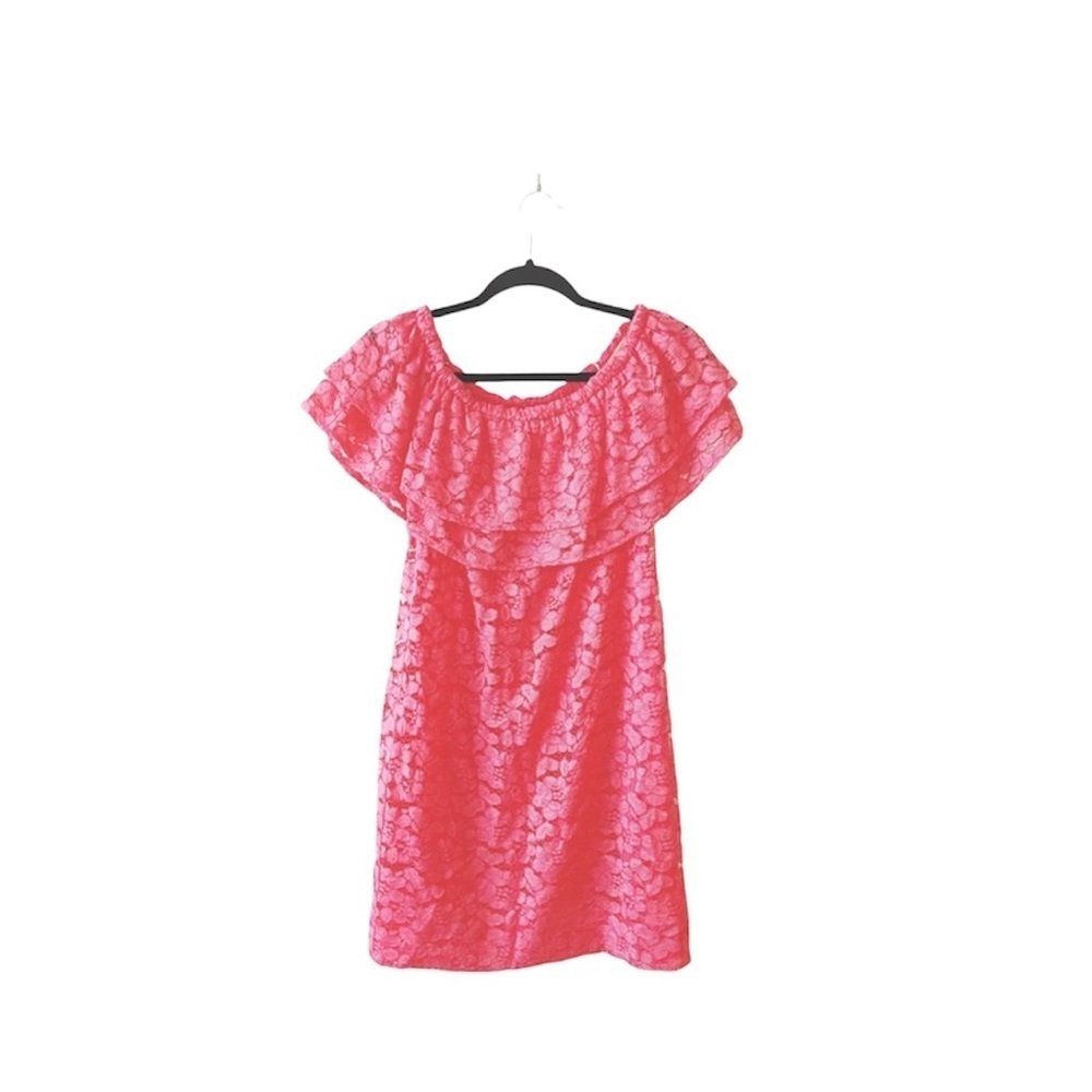 trina Trina Turk Lace Dress Pink Ruffle Off The Shoulder Mini NWT Small Women’s